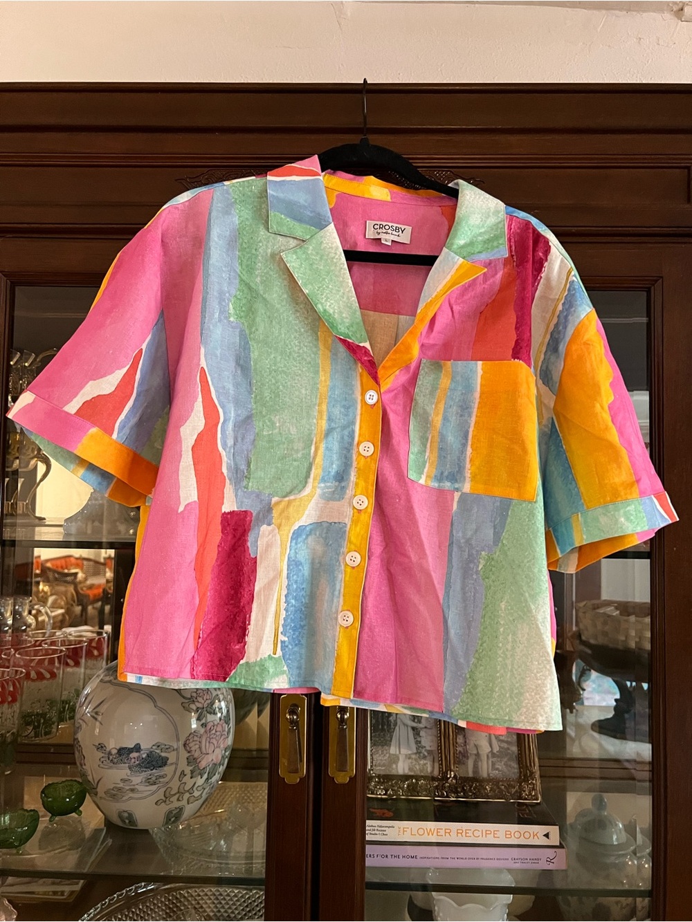 Crosby by Millie Burch linen/cotton blend color block button down blouse size L